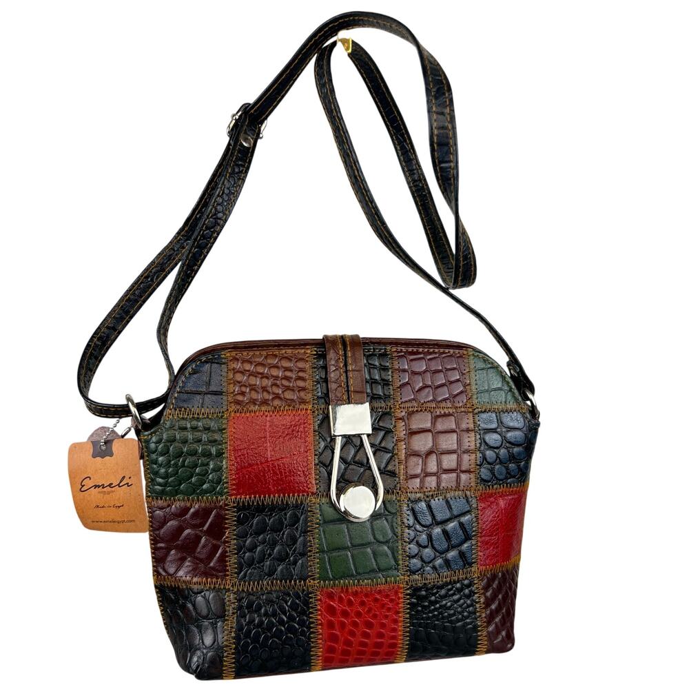 NWT Emeli Leather Goods Leather Patchwork Multicolored Crossbody Bag with Buckle